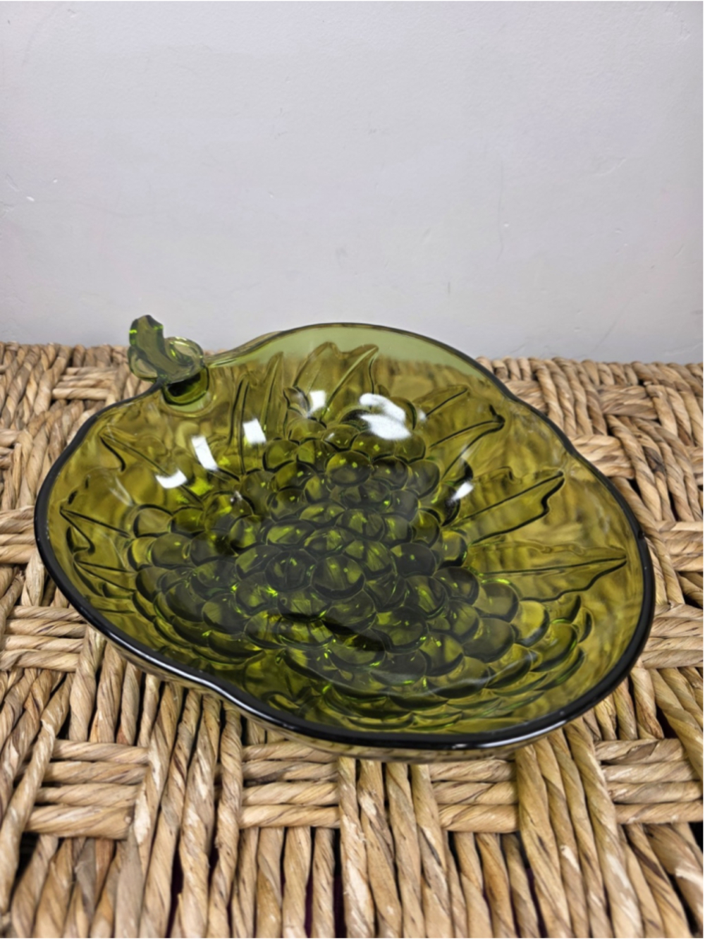Vintage Indiana Glass Avocado Green Grape Serving Bowl 13" MCM 1970s Fruit Dish